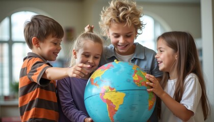 A group of four diverse children, two boys and two girls, joyfully gather around a colorful globe, pointing and sharing excitement about different countries. Their expressions radiate curiosity and