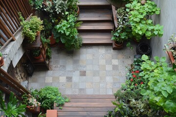 Fototapeta premium Elevated view of a lush garden staircase with vibrant green plants and flowers in pots creating a tranquil and inviting outdoor space
