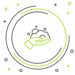 Line Shaving gel foam on hand icon isolated on white background. Shaving cream. Colorful outline concept. Vector