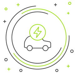 Line Electric car and electrical cable plug charging icon isolated on white background. Renewable eco technologies. Colorful outline concept. Vector