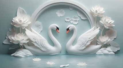 Obraz premium Elegant swans amidst serene lotus flowers in tranquil water setting
