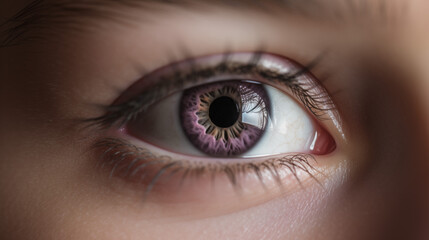 Naklejka premium A close up shot of a human eye with a purple iris and visible eyelashes in sharp detail and focus