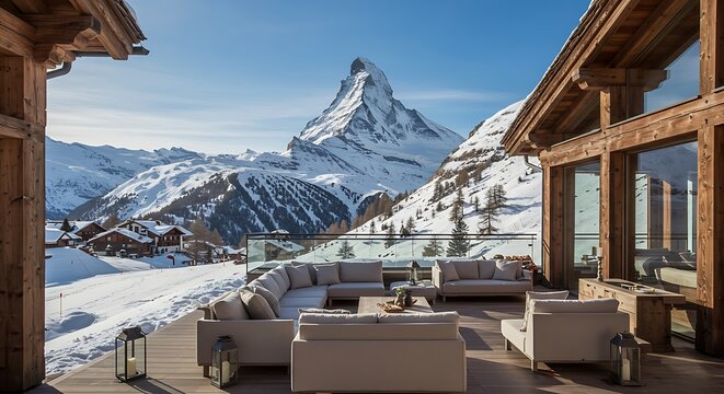 Winter Mountain Chalet Deck: Breathtaking Alpine View AI Generated