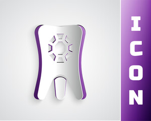 Paper cut Tooth with diamond icon isolated on grey background. Paper art style. Vector