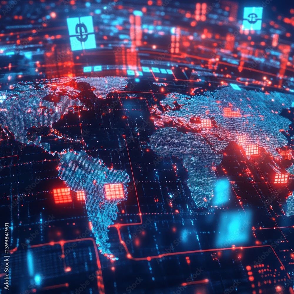 Poster a global network visualization of financial transactions with glowing points representing internatio