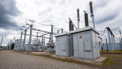 Obraz premium Outdoor electrical substation with transformers and transmission lines under cloudy skies.