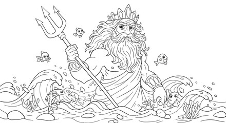 Coloring Page of Happy Poseidon with Trident and Little Sea Animals