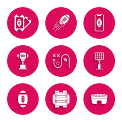 Set Planning strategy concept, American football field, Football stadium, Bright lights, Award cup and, Smartphone with american the screen and ticket icon. Vector