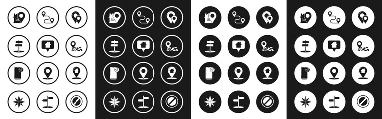 Fototapeta premium Set Map pin, pointer with house, Road traffic sign, Folded map location marker, Route, and Infographic of city navigation icon. Vector