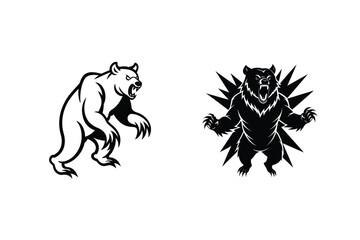 Black And White Silhouette Illustration Of Aggressive Bears Ready To Attack With Sharp Claws