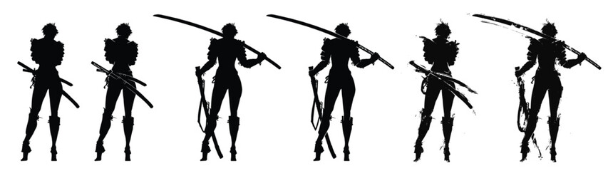 A beautiful woman in an elegant pose with a long katana on her shoulder, she is an armored fighter with long legs and short hairstyle. 2d art. Ink blots and splashes