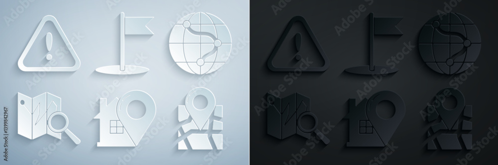 Poster set map pointer with house, location on the globe, folded map location marker, flag and exclamation 