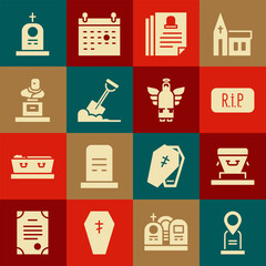Set Location grave, Coffin, Speech bubble rip death, Death certificate, Shovel the ground, Grave with tombstone, and Christmas angel icon. Vector