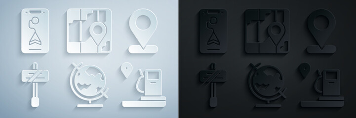 Set Earth globe, Location, Road traffic sign, and gas station, City map navigation and icon. Vector