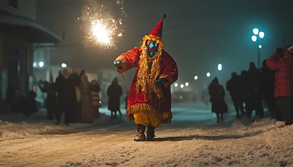 Masked Figure, Festive Night, Snow