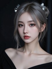 Fototapeta premium Beautiful Portrait of a Model with Silver Hair and Elegant Makeup for Fashion Shoot