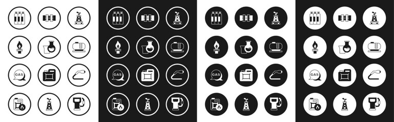 Fototapeta premium Set Oil rig, petrol test tube, with fire, Industrial gas cylinder tank, storage, Metallic pipes and valve, Electrical cable plug charging and Location station icon. Vector