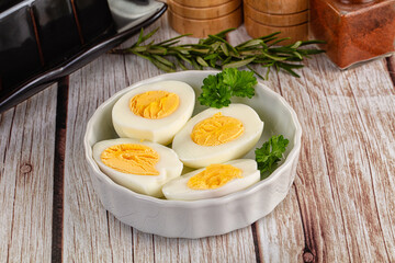 Boiled chicken eggs with bright yolk