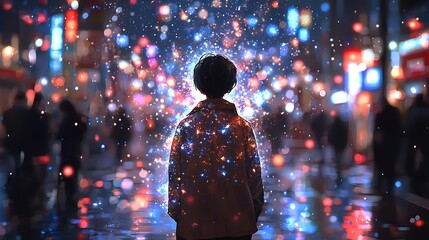 Person Standing Under Magical Lights in City Night Illustration Style