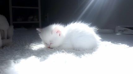 Obraz premium Fluffy white kitten naps peacefully on a soft rug, sunbeam highlighting it; blurry background suggests a home interior. Perfect for pet, animal, or home-related content