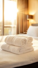 Stacked white towels on a bed in a bright hotel room with sunlight streaming through the window creating a serene and inviting atmosphere for relaxation