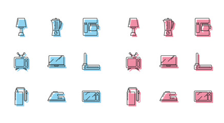 Set line Power bank with different charge cable, Electric iron, Table lamp, Microwave oven, Laptop, Router and wi-fi signal, Television and Blender icon. Vector