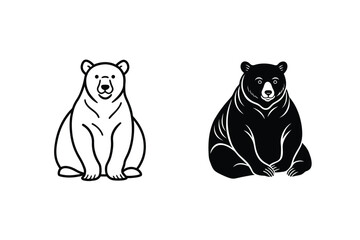 Two Bears Sitting Facing Forward Black And White Line Art Illustration