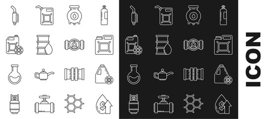Set line Oil price increase, Antifreeze canister, Canister for gasoline, and industrial factory building, Barrel oil, Gasoline pump nozzle and Industry metallic pipes valve icon. Vector