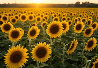 Obraz premium Sunflower Field at Sunset with Golden Light Shining Through the Horizon