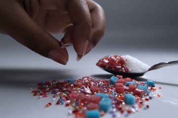 Hand arranging colorful beads with spoon on white surface.