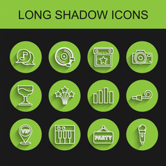 Set line Location Vip, Music synthesizer, Musical note in speech bubble, Signboard party, Microphone, Firework, Birthday horn and equalizer icon. Vector