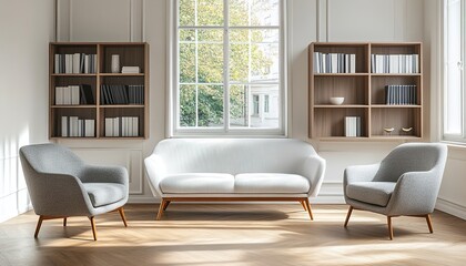 Modern living room with white sofa flanked by gray armchairs, floor-to-ceiling windows framing outdoor greenery, wooden bookshelves filled with books and decor