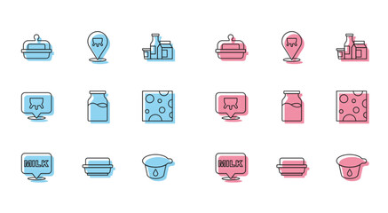Set line Lettering milk, Butter a butter dish, Yogurt container, Bottle with, Cheese, Udder and icon. Vector