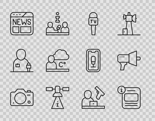 Fototapeta premium Set line Photo camera, Information, Microphone, Satellite, News, Weather forecast, Crime news and Megaphone icon. Vector
