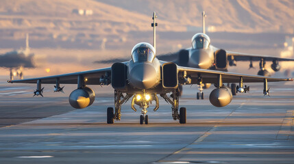 Two fighter jets are taxiing on a runway at a military airbase during the early morning. Mountainous terrain is visible in the background under a clear sky