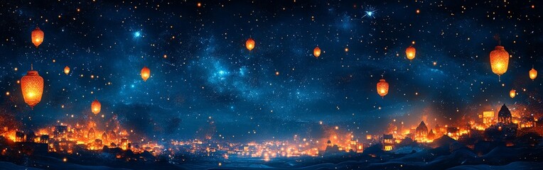 Fototapeta premium Decorative Lantern and Stars Pattern Design on Dark Background