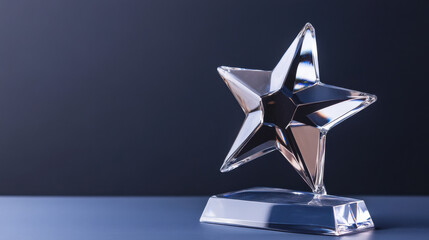A crystal star award stands prominently on a polished surface, glimmering under soft light. The elegant shape showcases attention to detail and craftsmanship, ideal for recognizing achievements