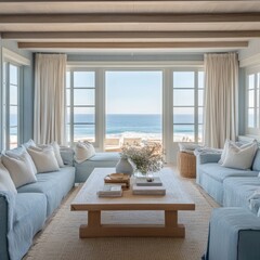 Coastal living room with ocean views, showcasing light blue furniture and natural light.