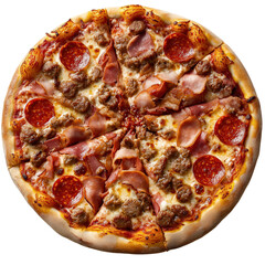 Savory meat lover&rsquo;s pizza topped with pepperoni, ham, and sausage on melted cheese and golden crust, isolated on transparent background.