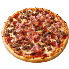 Savory meat lover&rsquo;s pizza topped with pepperoni, ham, and sausage on melted cheese and golden crust, isolated on transparent background.