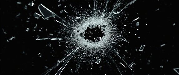Close-up of shattered glass with radial cracks and dynamic shards exploding from an irregular central void, high-contrast monochrome texture against black backdrop.