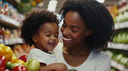 A patient mother calmly handling a toddler's tantrum in a supermarket, using gentle and reassuring expressions,