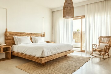 Bright, modern bedroom with natural tones.  Large bed, woven accents, and patio access