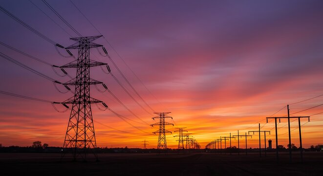 Electric Towers at Sunset: Vibrant Evening Landscape Photography AI Generated