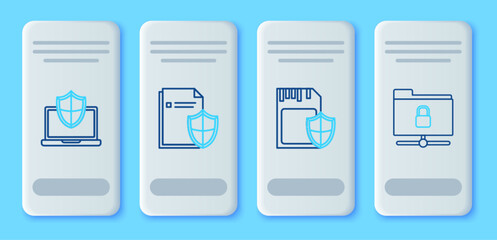 Set line Document protection concept, SD card and shield, Laptop protected with and FTP folder lock icon. Vector