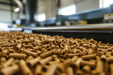 Obraz premium Pile of Compressed Wood Pellets on Conveyor Belt in Industrial Factory Setting