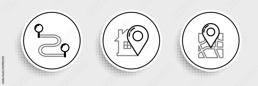 Poster set line folded map with location marker, route and map pointer house icon. vector