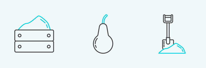Set line Shovel in the ground, Wooden box with harvest and Pear icon. Vector