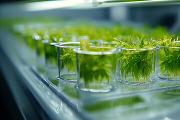 Laboratory glassware with green plants, biology focus
