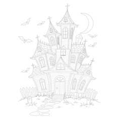 Obraz premium Coloring Illustration of Eerie Haunted House with Bats and Crescent Moon for Halloween